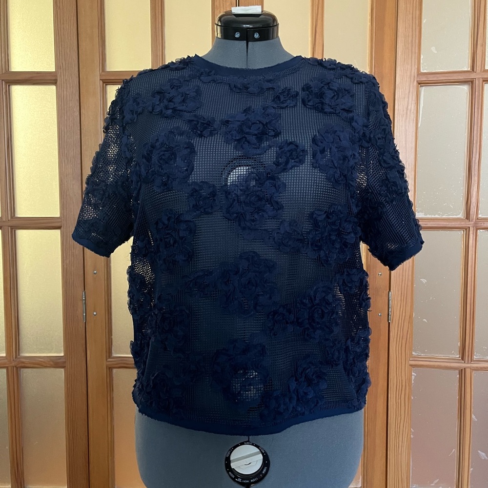 H&M Navy Mesh Floral Top